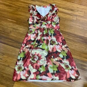 Ann Taylor LOFT Women's Sleeveless V Neck Ruffle Waist Tie Floral Dress Size 4